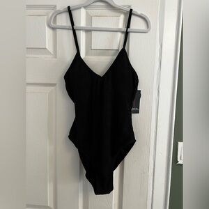 One piece black swimsuit.